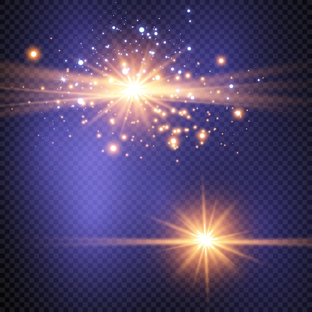 Conjunto de estrellas de luz brillantes con destellos. Efecto de luz.