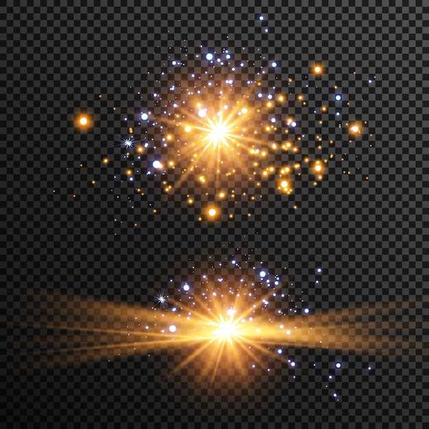 Conjunto de estrellas de luz brillantes con destellos. Efecto de luz.