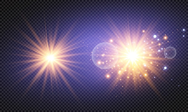 Conjunto de estrellas de luz brillantes con destellos. Efecto de luz.