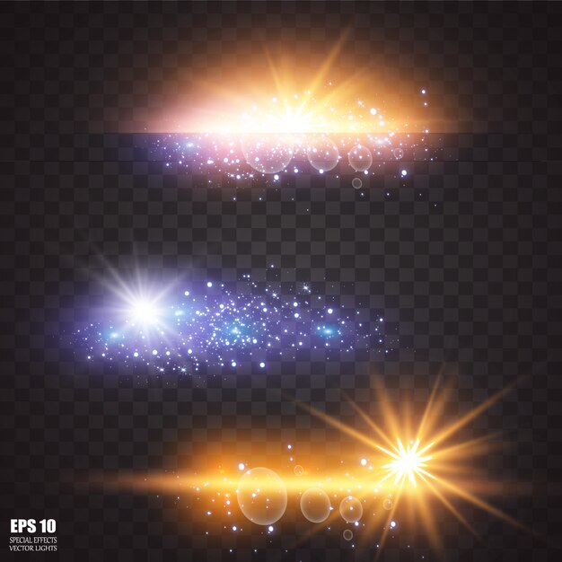 Conjunto de estrellas de luz brillantes con destellos. Efecto de luz.