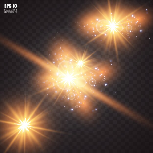 Conjunto de estrellas de luz brillantes con destellos. Efecto de luz. .