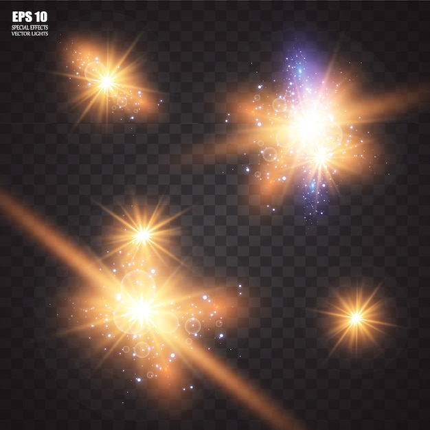 Conjunto de estrellas de luz brillantes con destellos. Efecto de luz. .