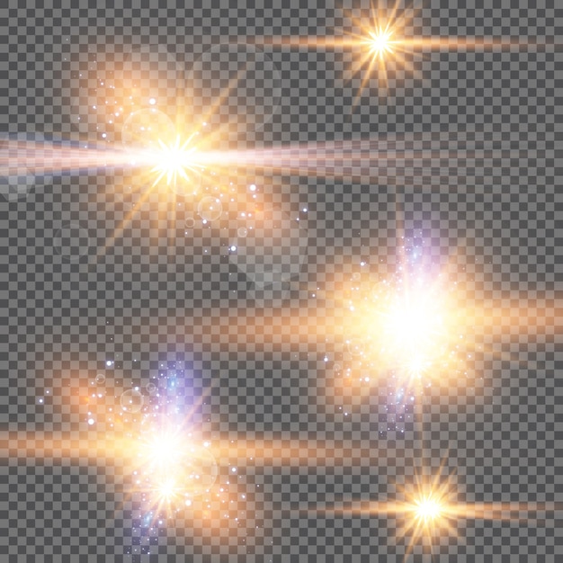 Conjunto de estrellas de luz brillantes con destellos
