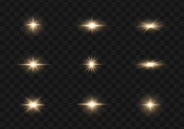 Conjunto de estrellas de luz doradas brillantes sobre un fondo transparente La estrella del sol brillante explota y parpadea