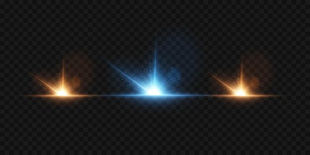 Conjunto de estrellas de luz y llamaradas de luz brillante parpadea línea luz bokeh rayos láser