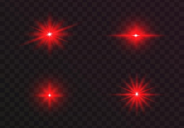 Vector conjunto de estrellas de luz roja brillante sobre un fondo transparente la estrella del sol brillante explota y parpadea