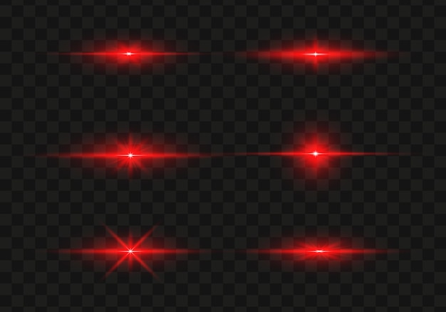 Conjunto de estrellas de luz roja brillante sobre un fondo transparente. Sol brillante, estrella explota y flash.