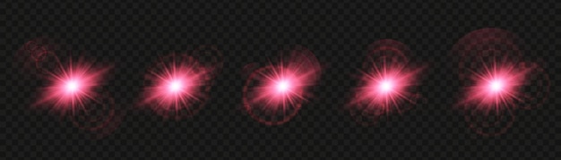 Vector conjunto de estrellas de luz rosa brillante sobre un fondo transparente la estrella del sol brillante explota y parpadea