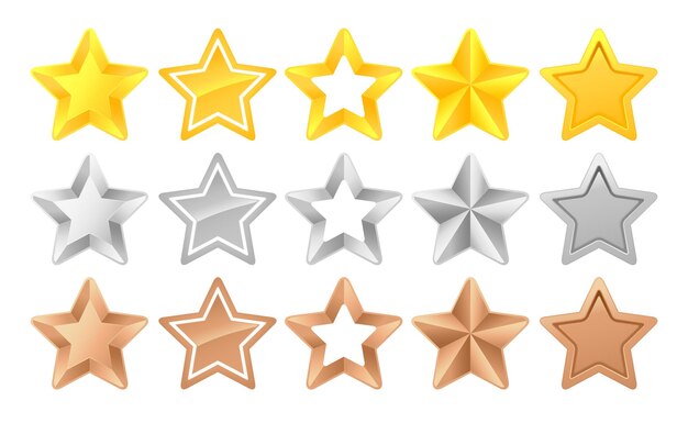Conjunto de estrellas de oro, plata y bronce Colección de iconos vectoriales