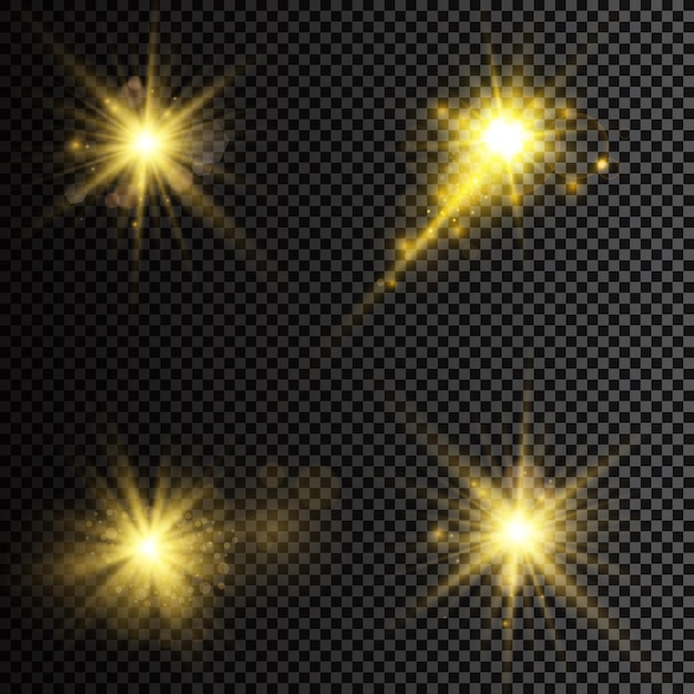 Conjunto de estrellas, rayos de luz y resplandor y brigh.