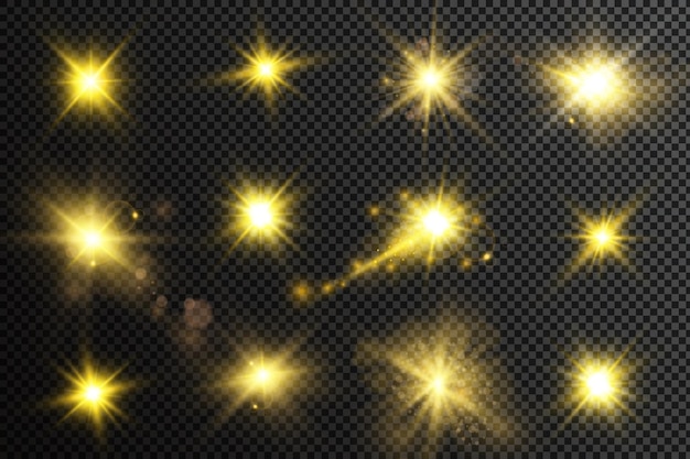 Un conjunto de estrellas, rayos de luz y resplandor y brillo.