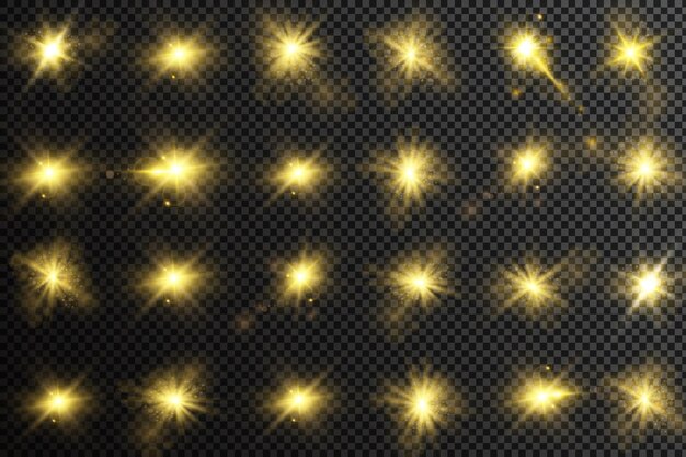 Un conjunto de estrellas, rayos de luz y resplandor y brillo.