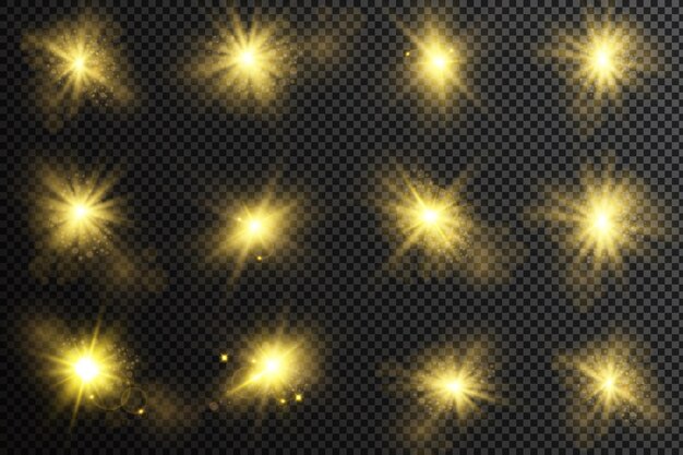 Un conjunto de estrellas, rayos de luz y resplandor y brillo.