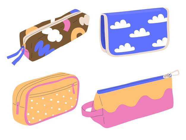 Conjunto para estudiantes Contenido de una bolsa escolar Accesorios infantiles brillantes para la creatividad y el aprendizaje Ilustración vectorial aislada sobre un fondo transparente