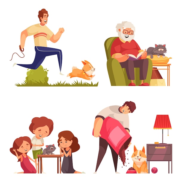 Conjunto de etapas de crecimiento de mascotas de composiciones aisladas con personajes de doodle de adultos y niños con ilustración de animales