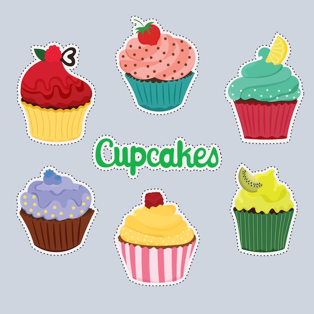 Conjunto de etiqueta engomada linda con vectores de cupcake