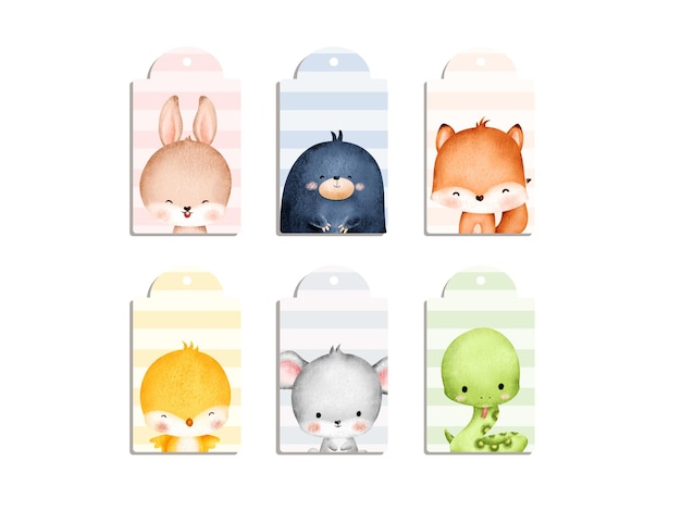 Vector conjunto de etiqueta hangtag con animal bebé y fondo pastel de rayas