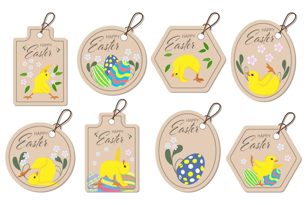 Conjunto de etiquetas adhesivas para Pascua Pollos lindos alegres huevos de colores y flores en formas beige