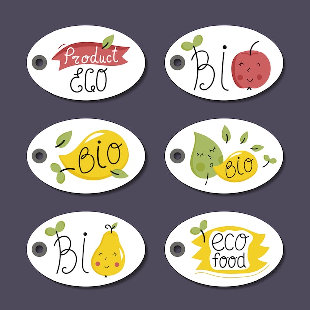 Vector conjunto de etiquetas de alimentos orgánicos, ecológicos y bio.