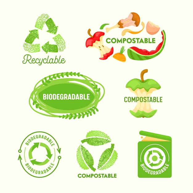 Conjunto de etiquetas ambientales, letrero triangular reciclable, residuos compostables, papelera biodegradable.