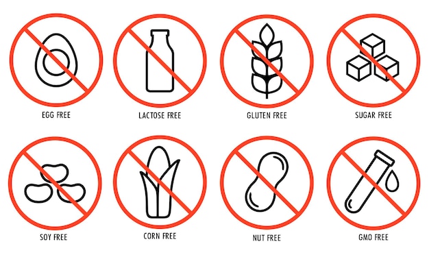 Conjunto de etiquetas de atención sin lactosa, sin azúcar, sin gluten, sin OMG, señal de decoración de envases de alimentos