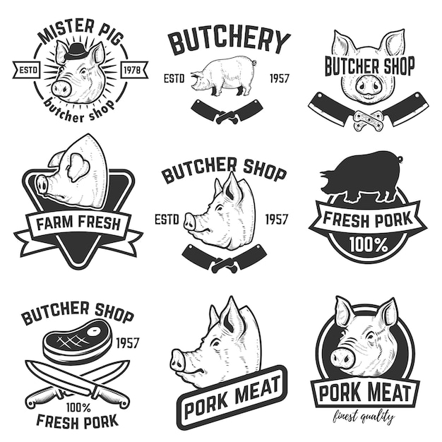 Conjunto de etiquetas de carne de cerdo. Carnicería. Cabezas de cerdo Elementos para, etiqueta, emblema, signo. ilustración