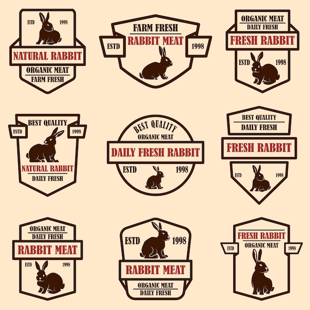 Conjunto de etiquetas de carne de conejo. Elementos de diseño de logotipo, etiqueta, letrero, insignia, cartel. Imagen vectorial