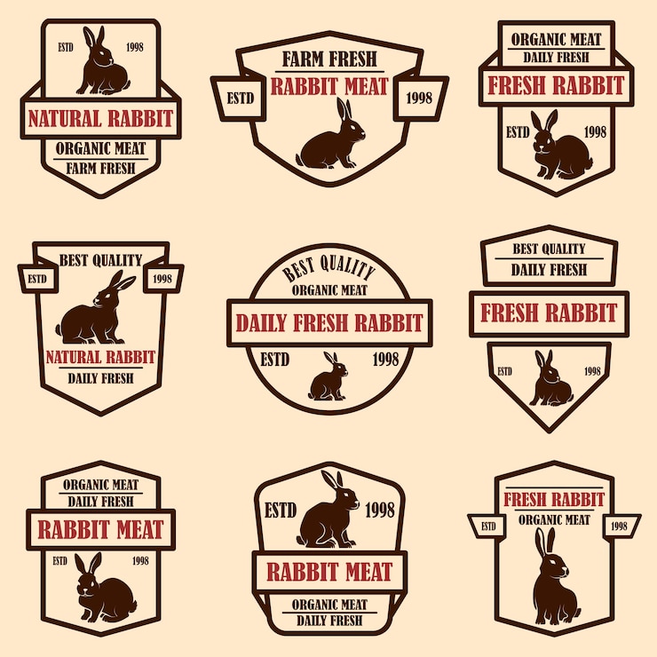 Vector conjunto de etiquetas de carne de conejo. elementos de diseño de logotipo, etiqueta, letrero, insignia, cartel. imagen vectorial