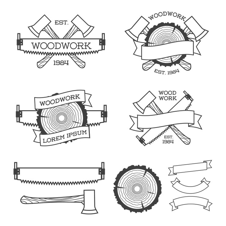 Vector conjunto de etiquetas de carpintería con hacha de sierra y anillo de árbol carteles sellos pancartas y elementos de diseño aislados en fondo blanco trabajo de madera y plantillas de etiquetas de fabricación ilustración vectorial