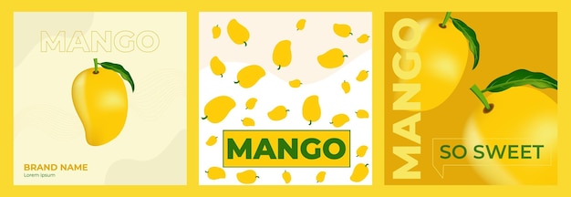 Un conjunto de etiquetas de carteles y una colección de diseños de tarjetas publicitarias para la fruta de mango dulce