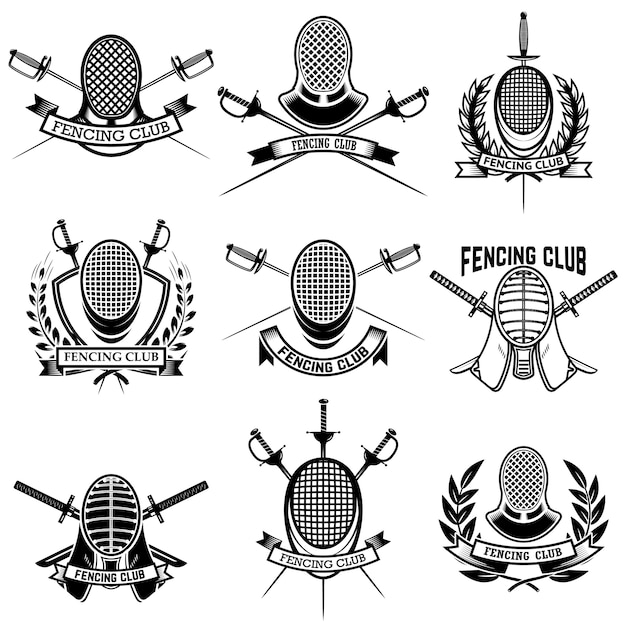 Conjunto de etiquetas del club de esgrima. Espadas de esgrima. Elementos para emblema, signo, insignia. ilustración