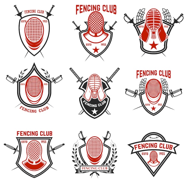 Conjunto de etiquetas del club de esgrima. Espadas de esgrima. Elementos para emblema, signo, insignia. ilustración
