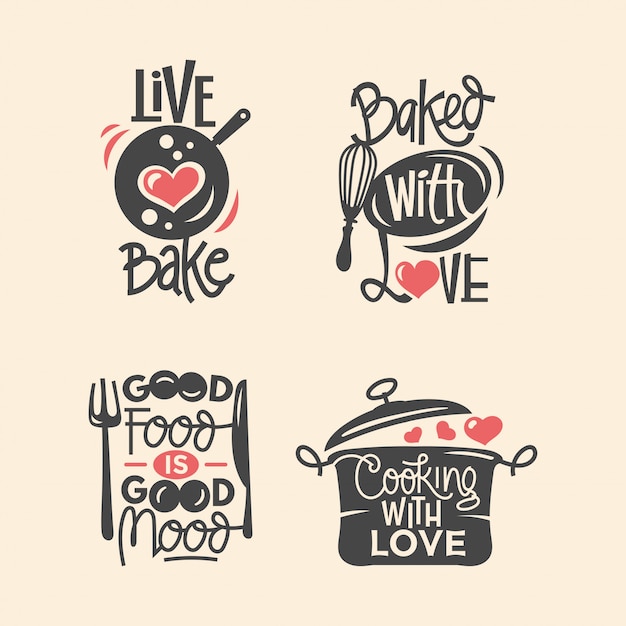 Vector conjunto de etiquetas de cocina y cocina, corte de papel de tipografía y letras