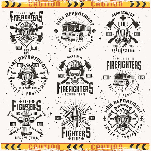 Conjunto de etiquetas del departamento de bomberos con textura grunge