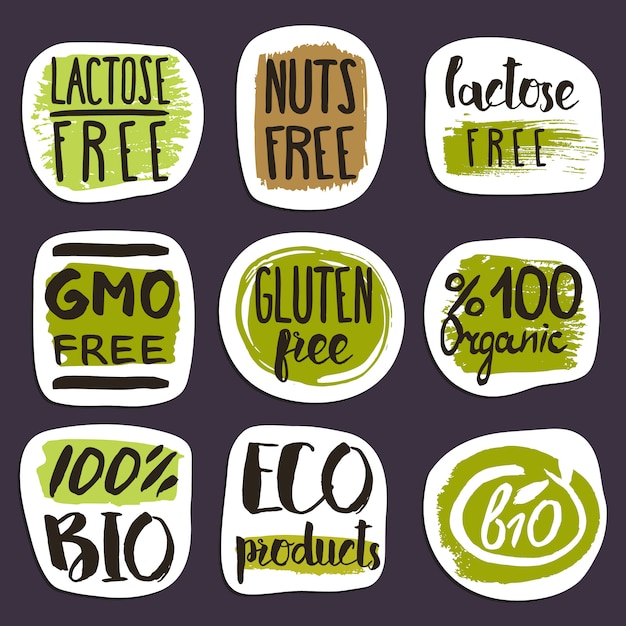 Conjunto de etiquetas dibujadas a mano de alimentos orgánicos