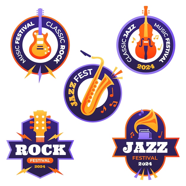 Vector conjunto de etiquetas dibujadas a mano con el logotipo de la música