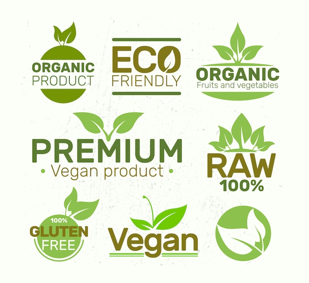Conjunto de etiquetas ecológicas, orgánicas, frescas, saludables.