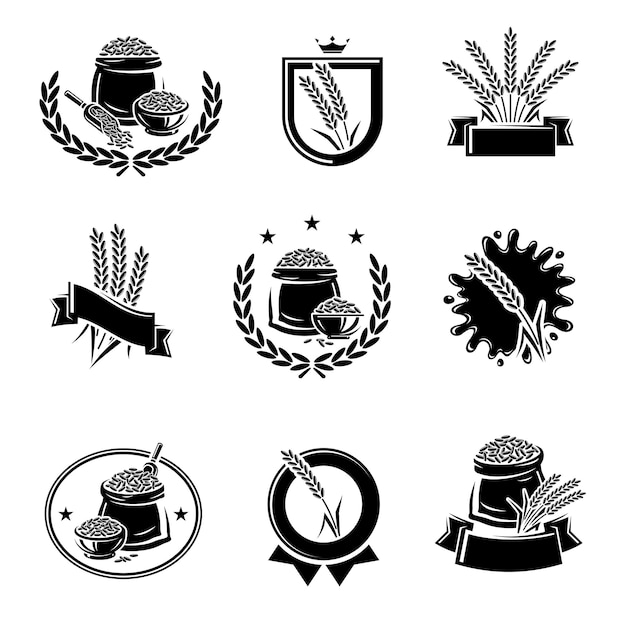 Conjunto de etiquetas y elementos de arroz. Arroz de icono de colección. ilustración vectorial