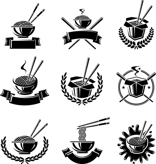 Conjunto de etiquetas y elementos de fideos Icono de colección fideos Vector