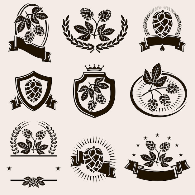 Conjunto de etiquetas y elementos de lúpulo colección icono lúpulo vector