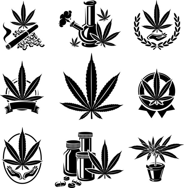 Conjunto de etiquetas y elementos de marihuana de cannabis Colección de iconos de cannabis Vector