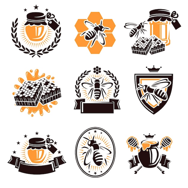 Conjunto de etiquetas y elementos de miel Icono de colección Vector de miel
