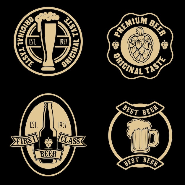 Vector conjunto de etiquetas y emblemas de logotipos de pub y cerveza vintage con botellas de lúpulo y trigo ilustración vectorial