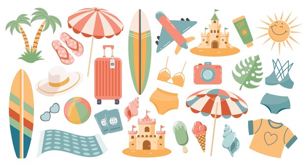 Conjunto de etiquetas engomadas lindas de los iconos del verano Colección de elementos de scrapbooking para la fiesta en la playa