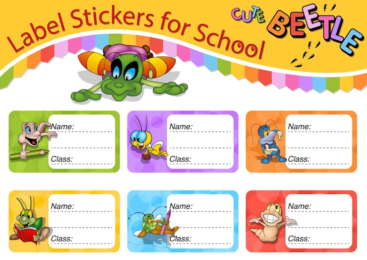 Vector conjunto de etiquetas escolares con lindos escarabajos