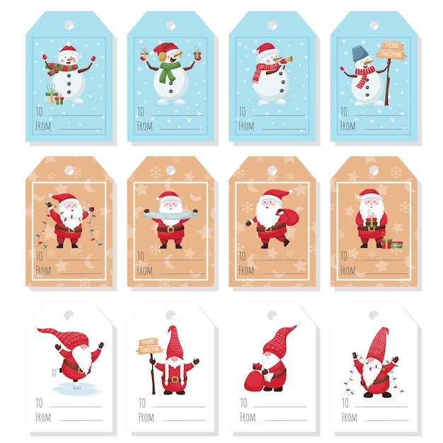 Vector un conjunto de etiquetas de etiquetas de regalo con lindos personajes navideños papá noel muñeco de nieve enano sobre un fondo azul y beige plantilla imprimible con ilustraciones planas de vectores de color y las palabras a de