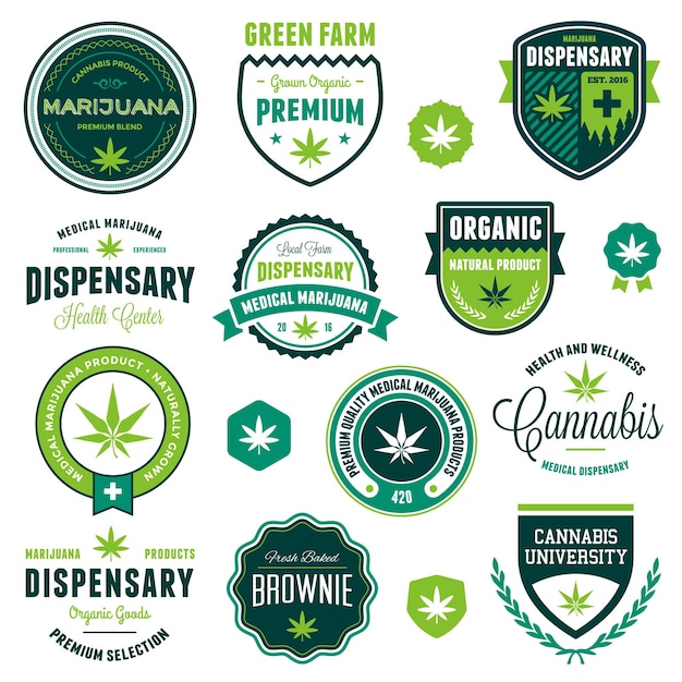 Conjunto de etiquetas y gráficos de productos de marihuana