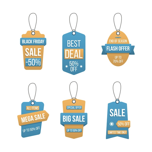 Conjunto de etiquetas de gran venta, etiquetas de compras de plantilla sobre fondo blanco. Descuento, oferta especial, viernes negro. Etiquetas para diseño de pancartas y carteles. Oferta 50% de descuento en la plantilla de placa. ilustración.
