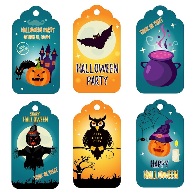 Conjunto de etiquetas de halloween brillantes con personajes de vacaciones brillantes