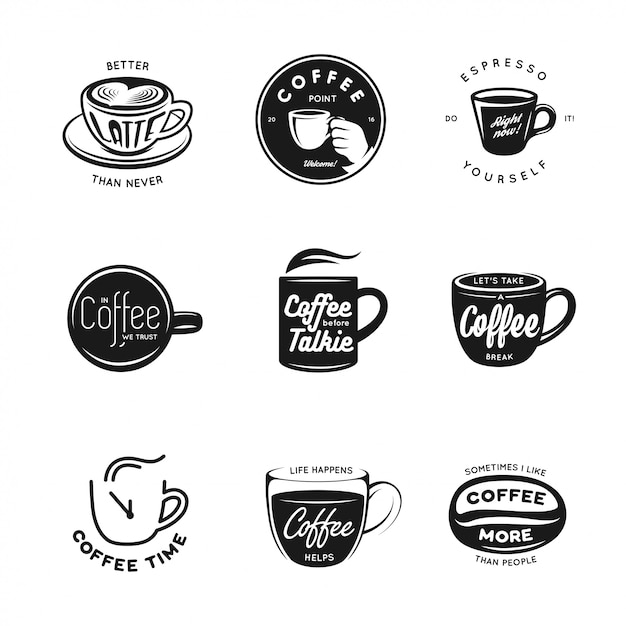 Conjunto de etiquetas, insignias y elementos relacionados con el café.